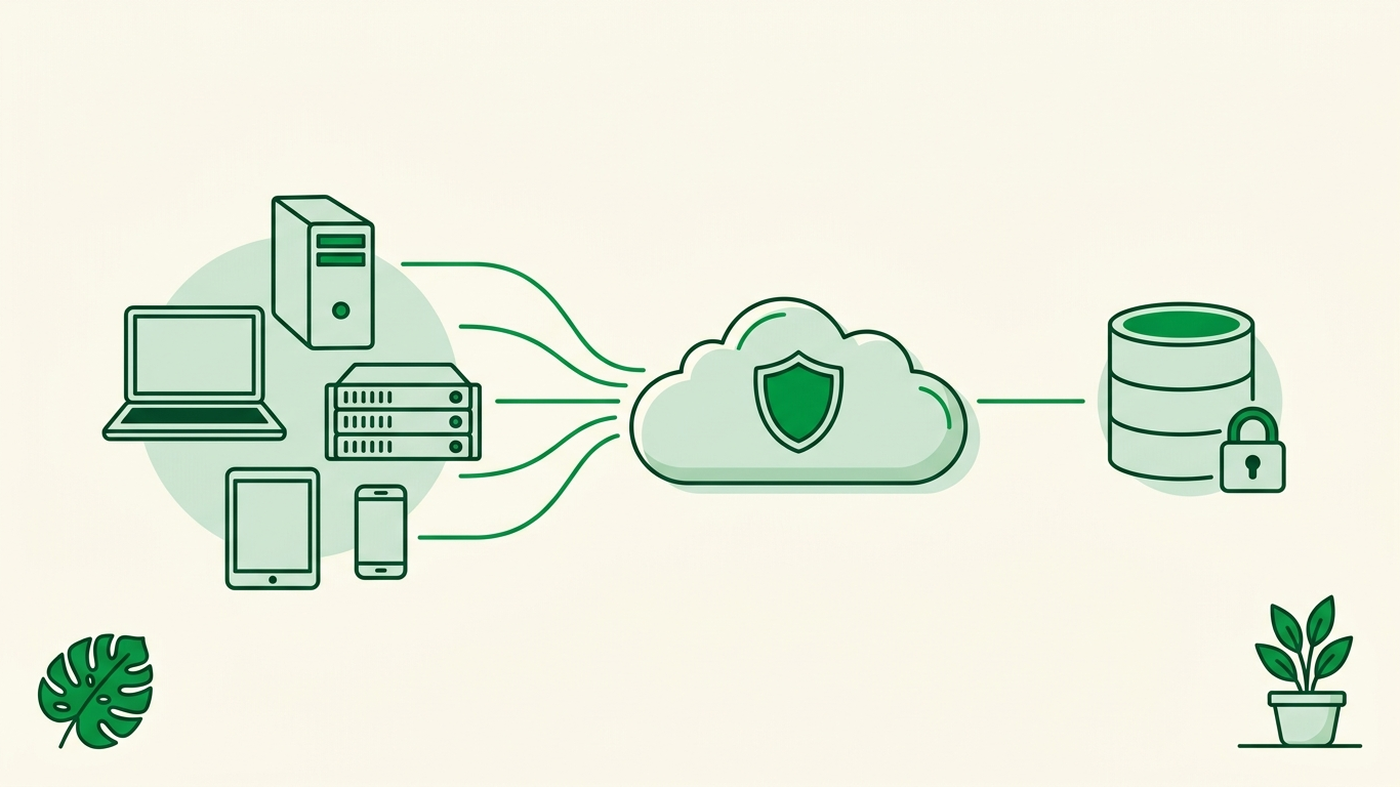 Architecture diagram: business devices (laptop, desktop, server, tablet, smartphone) flow into a protective cloud with a shield icon, then into a secure EU data-centre vault with a padlock.