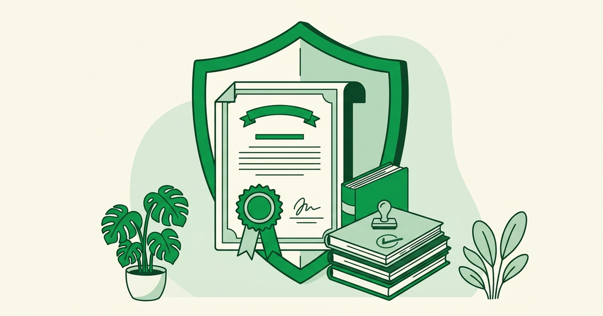 Certificate with wax seal behind a shield, stack of audit documents with a verified stamp