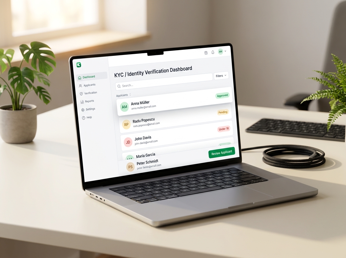 Laptop showing the WHMCS KYC admin dashboard with applicant list and status badges