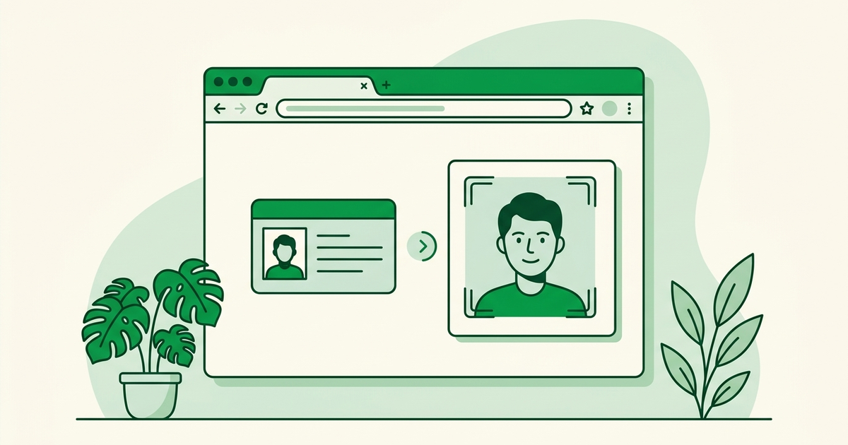 Browser window with passport document and selfie phone, verification checkmark
