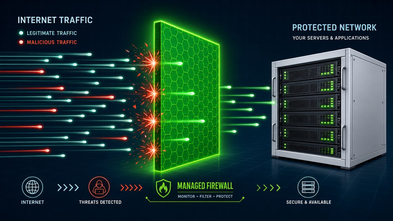 Network flow schematic — traffic filtered by a green firewall barrier before reaching the VPS