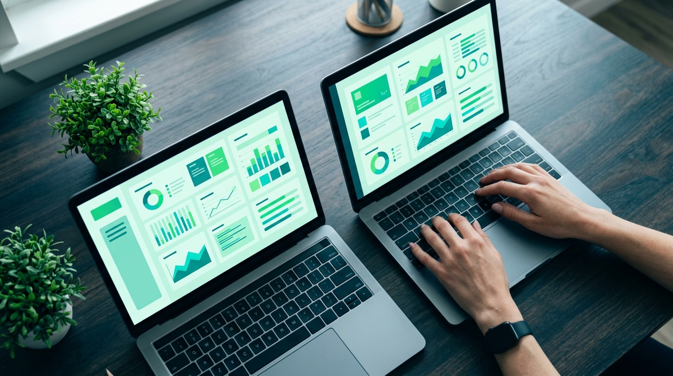 Two laptops with dashboard data, hands typing
