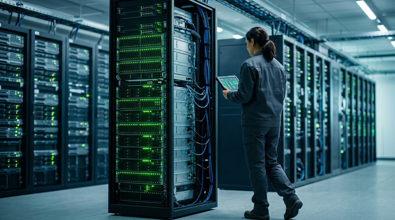 Datacenter technician inspecting a server rack